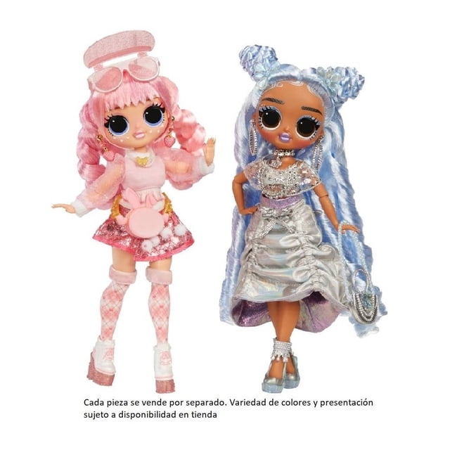 muñeca lol surprise! edición especial omg invierno varios modelos 1 pza muñeca edición especial invierno con vestido modular y accesorios; vista frontal de dos modelos: uno con cabello rosa trenzado, vestido rosa y botas altas; otro con cabello azul largo, falda plateada y tacones. Se vende por separado; variedad de colores y personajes sujetos a disponibilidad en tienda.