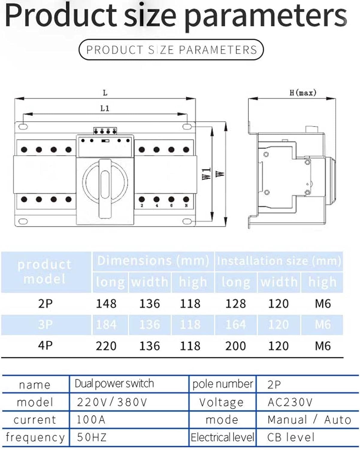 Dual Power Automatic Transfer Switch,2/3/4P 220V/400V 63A Generator Transfer Switch Automatic Transfer Switch for Firefighting, Airports, TV Stations,Hospital,2P 220V