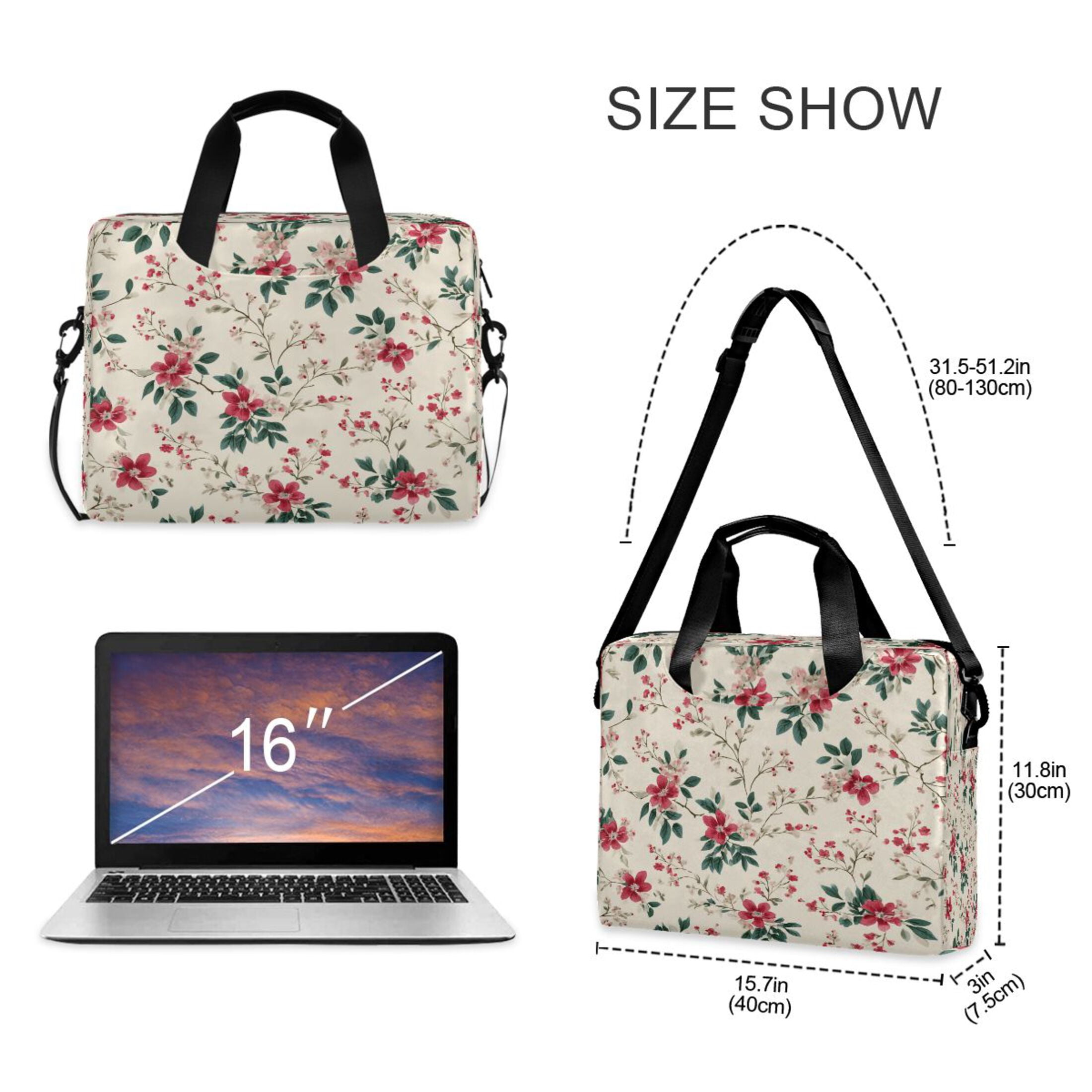 16" Laptop Tote Bag Laptop Sleeve Case Computer Briefcase for Work & Travel Red Small Floral Pattern