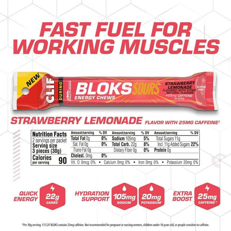 CLIF BLOKS SOURS Strawberry Lemonade Flavor with Caffeine Plant