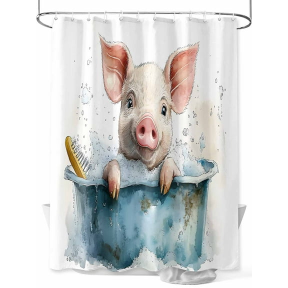 Pig Bathtub Shower Curtain, Watercolor Animal Waterproof Shower Curtain Set with 12 Hooks Lightweight Washable Fabric Shower Curtains for Bathroom 72x72 Inches