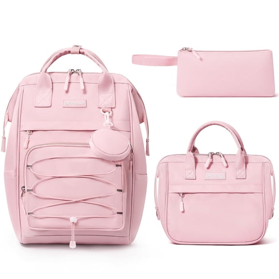 4PCS Backpack with Lunch Box, Pencil Case & Earphone Bag, Waterproof Casual Daypack for Travel, Pink