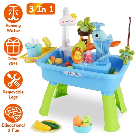 Moclever 3 in 1 Kitchen Sink Toy with Electric Faucet, Kids Water Table Indoor Outdoor for Kids Aged 3 Years Old