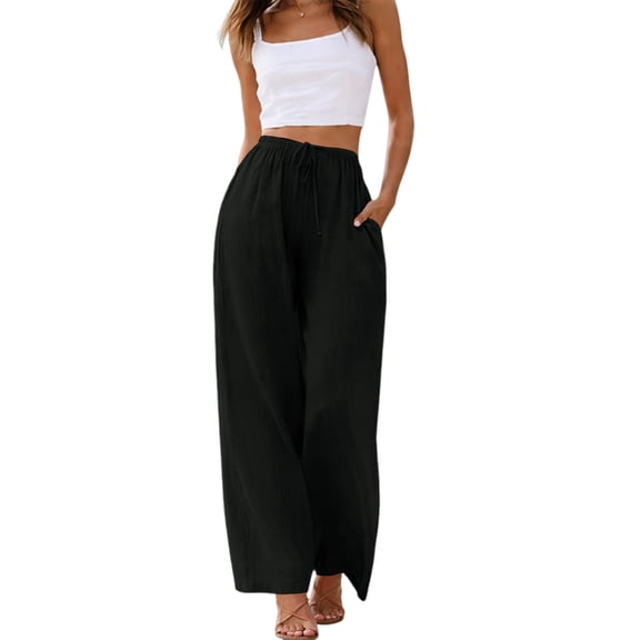 Sewkxo Linen Pants for Women Summer Drawstring Wide Leg Trousers Elastic Waist Casual Loose Fit Palazzo Pants with Pockets,Black L