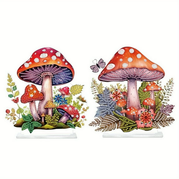 2pcs Diamond Painting Desktop Decorations, Mushroom 5D DIY Special Diamond Art Decoration Kit for Adults, Office Desktop or Christmas Holiday Gifts