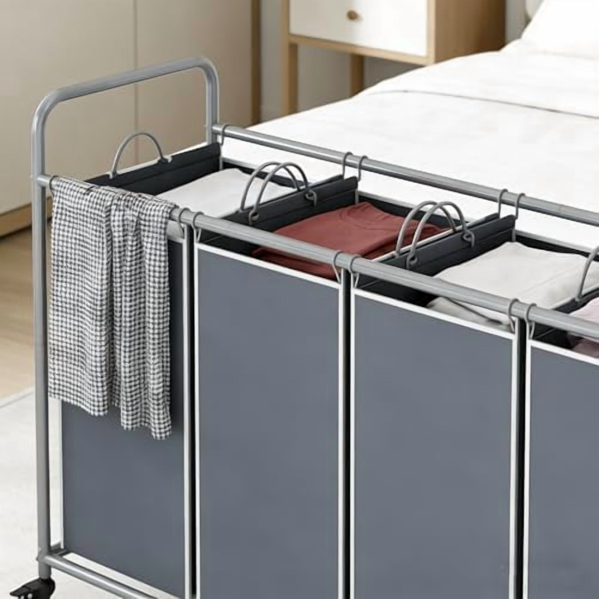 Laundry Basket, 4-Bag Laundry Hamper, Grey Laundry Sorter with Heavy Duty Lockable Rolling Wheels, Laundry Room Organization with Removable Bags Basket Separator for Dirty Clothes Storage