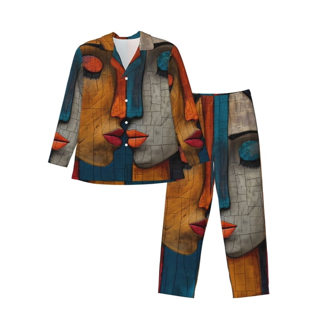 Honeii Ensemble de Pyjamas pour Hommes Motif Coloré Abstrait, 2 Pcs Chemise de Nuit à Manches Longues et Bas de Pyjama, Ensembles de Pjs pour Hommes - Grand