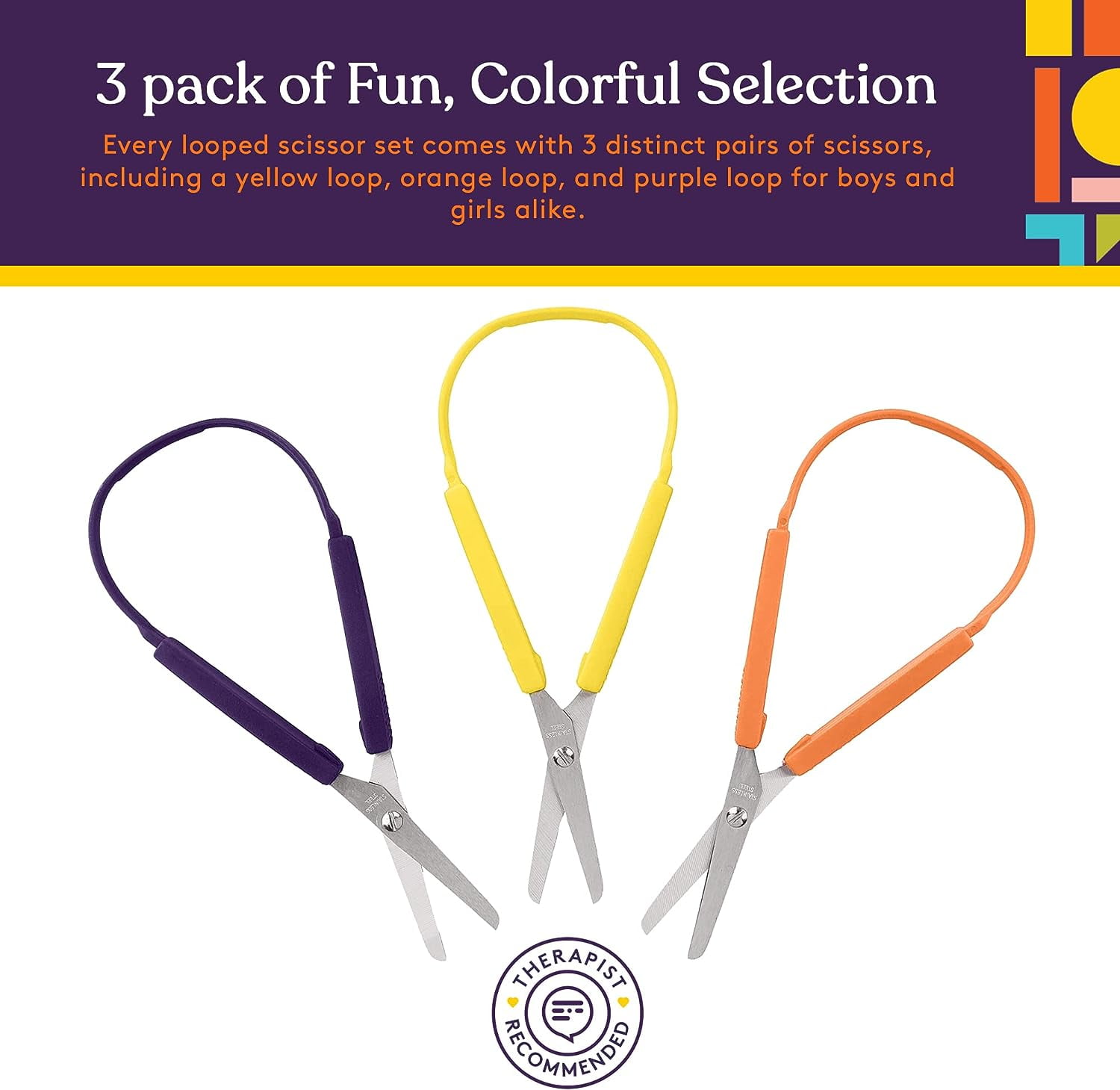 Ouligay 3PCS Loop Scissors Adaptive Scissors Colorful Grip Scissors  Easy-Open Squeeze Handles School Smart Loop Scissors for Adults Special