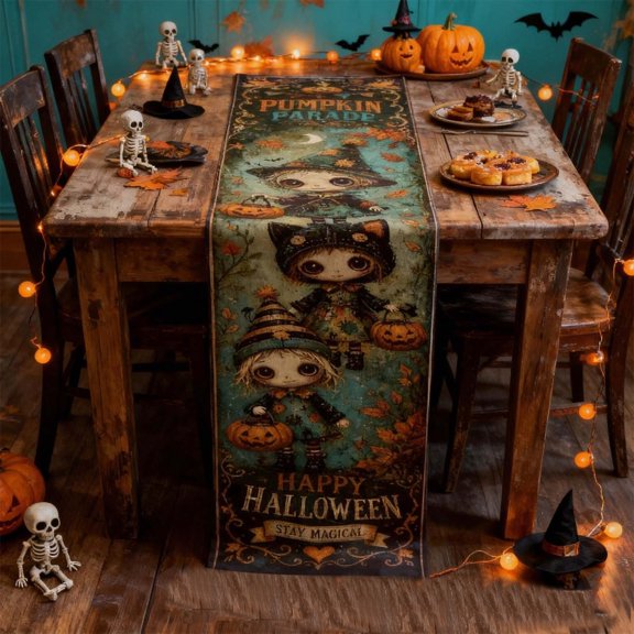 Clearance Sale! Halloween Table Runner, Witch Pumpkin Printed Long Tablecloth for Dining Decor in Blackish Green