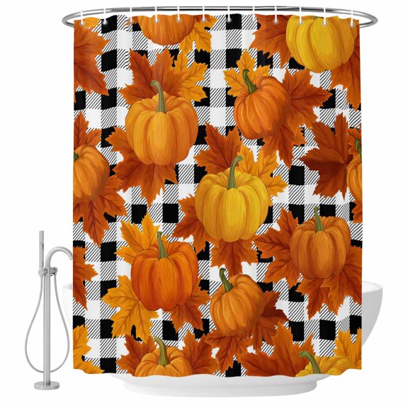Orange Fall Shower Curtain, Waterproof Shower Curtains for Bathroom, Pumpkins Thanksgiving Maple Leaf Plaid Washable Fabric Bathtub Curtain Set Bath Decor with 12 Hooks 72"x78"