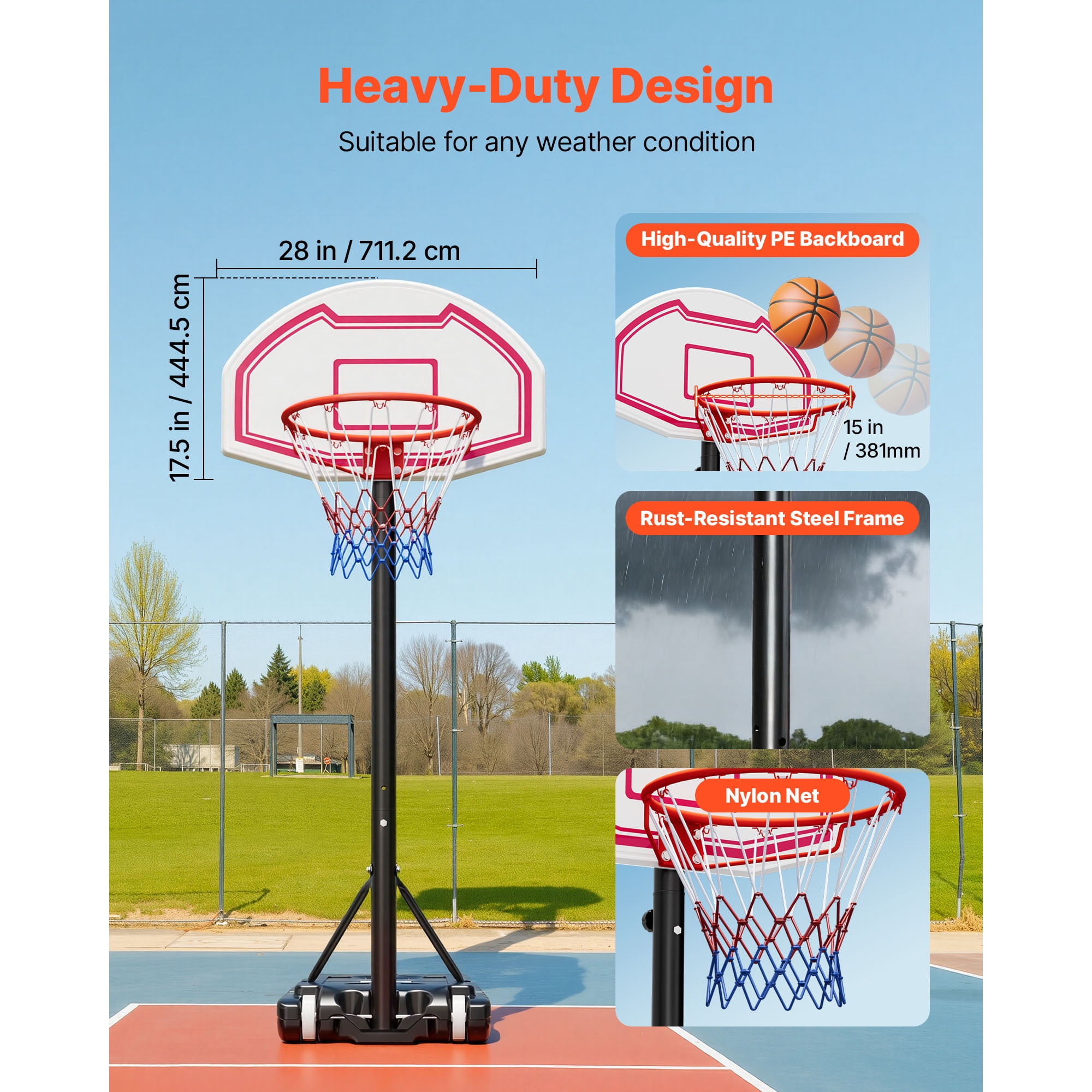 KFFKFF Portable Basketball Hoop with Adjustable Height, 5.2 to 6.9 ft, Kids Basketball Goal with Nylon Net and Wheels, Movable Backboard Set for Outdoor Use