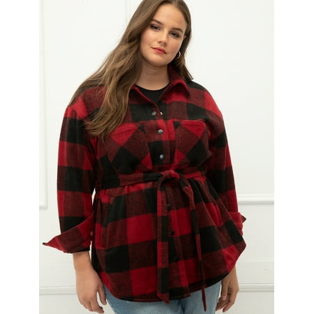 ELOQUII Elements Plus Size Buffalo Plaid Belted Shacket