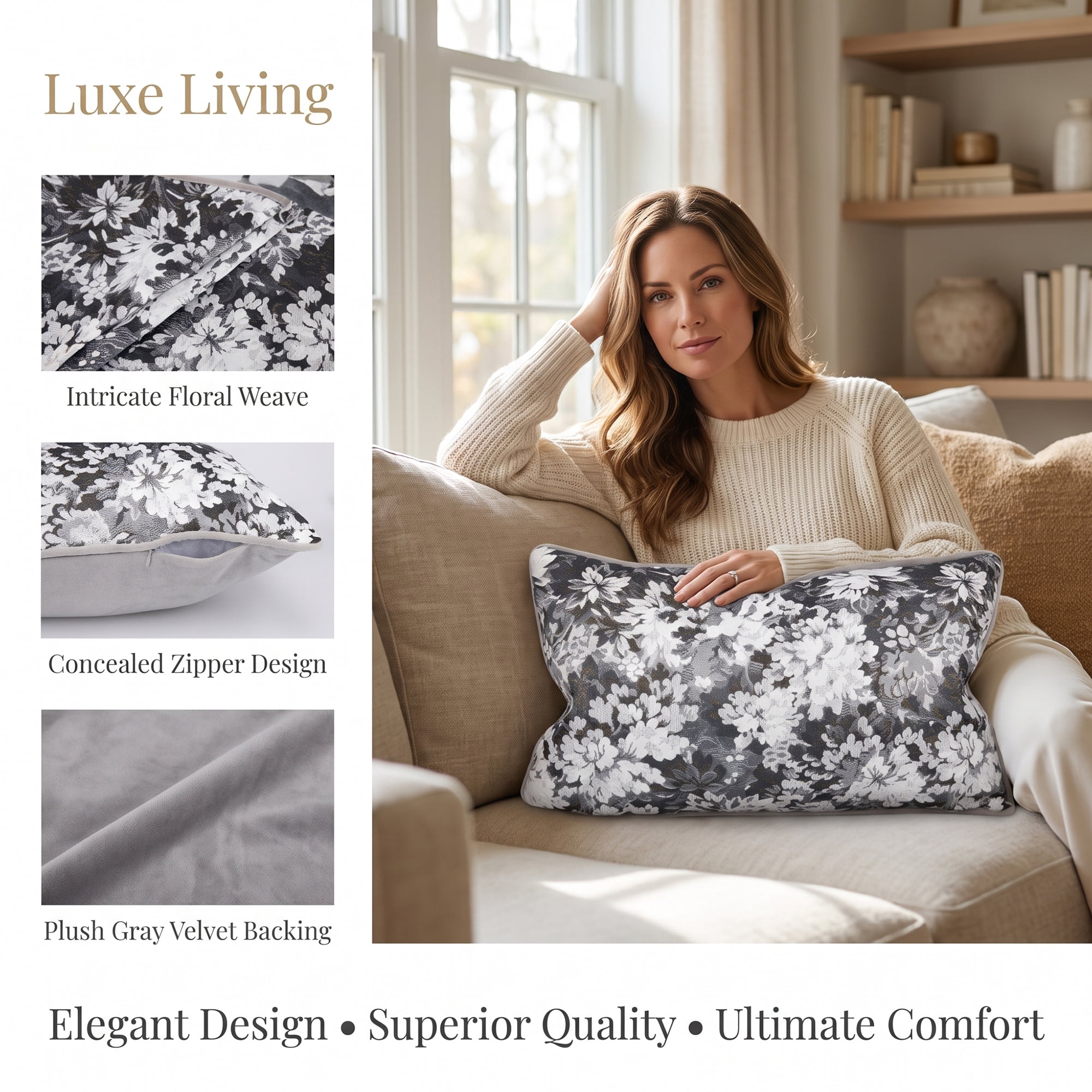 Unique Bargains Floral Throw Pillow Cover with Piped Edge Decor Cushion Case Grey 20"x12"