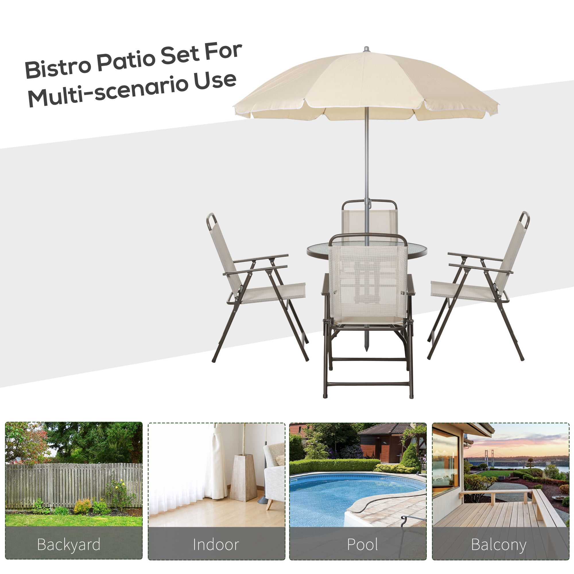 Outsunny 6 Piece Fabric Patio Dining Set for 4 with Umbrella, Outdoor Table and Chairs, Beige