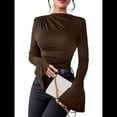 thumbnail image 2 of Camiseta Básica con Cuello Alto Fruncido y Mangas Largas con Volantes para Mujer Color Café XL, 2 of 10