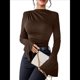 thumbnail image 2 of Camiseta Básica con Cuello Alto Fruncido y Mangas Largas con Volantes para Mujer Color Café L, 2 of 10