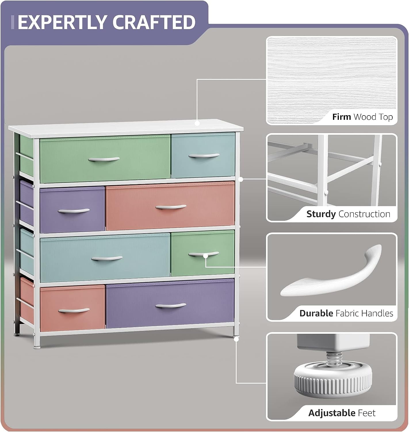 Sorbus 8-Drawer Dresser, Steel Frame Storage Chest with Fabric Bins, Wood Top, Multi Pastel