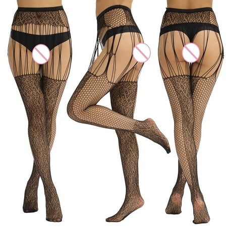 YUTK Pantyhose for Women - Women Sexy Lace Leggings Pants Fishnet Netting Stockings Net Sexy Lingerie Transparent Hollow Out Hanging Stockings - Black Free Size
