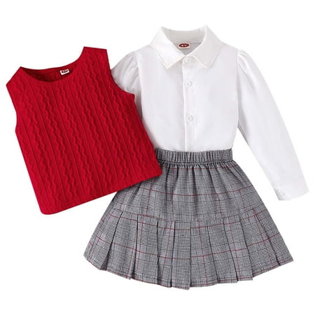 

Kid Toddler Girl Outfits Cute Baby Clothing Sets Preppy Sweater Vest Sleeveless V Neck Knit School 2Pcs Skirt Lovely Playwear Suits White 3-4 Years
