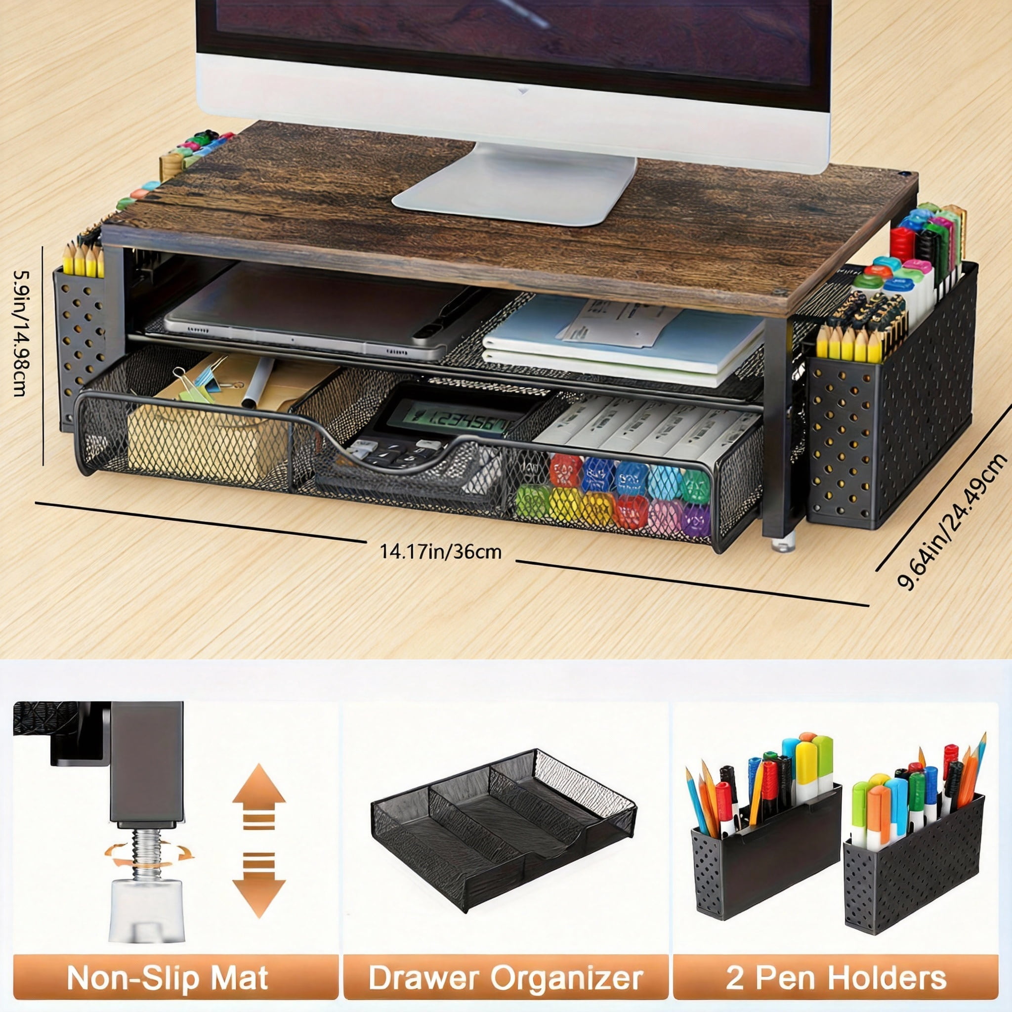 Desk Organizers and Accessories, 2 Tier Monitor Stand Riser with Drawer and 2 Pen Holder for Offices and Dormitories (Wood)