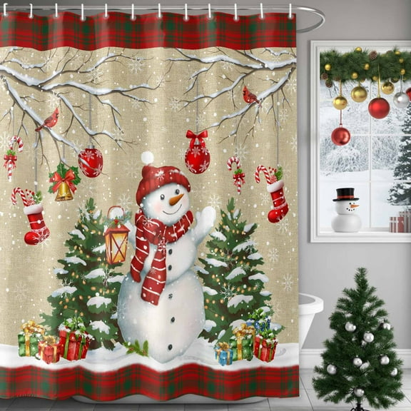 Shower Curtain Bathroom Set Vintage Snowman on Linen Waterproof Fabric Shower Curtains with Grommets&Hooks Red Black Striped Privacy Bath Curtain for Bathtub 36x72in