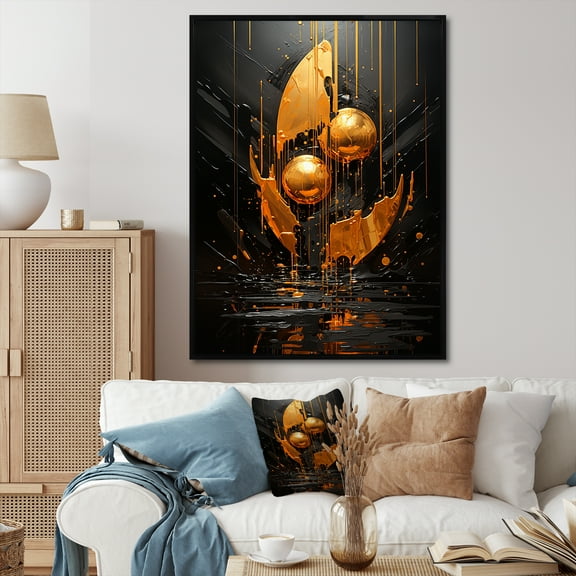 Designart "Spiral Graffiti Black and Gold Design IV" Abstract Framed Wall Art - Modern Gold Abstract Collages Living Room Framed Canvas Art