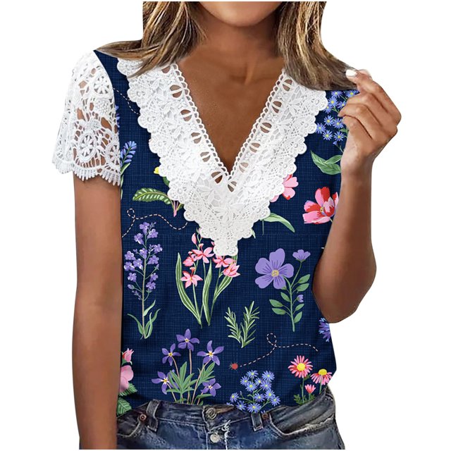 Mujeres moda verano Sexy pliegue impreso regular mujeres manga corta cuello en V botón Top OAVQHLG3B Store lin121212