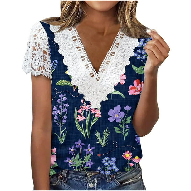 Mujeres moda verano Sexy pliegue impreso regular mujeres manga corta cuello en V botón Top OAVQHLG3B Store lin121212