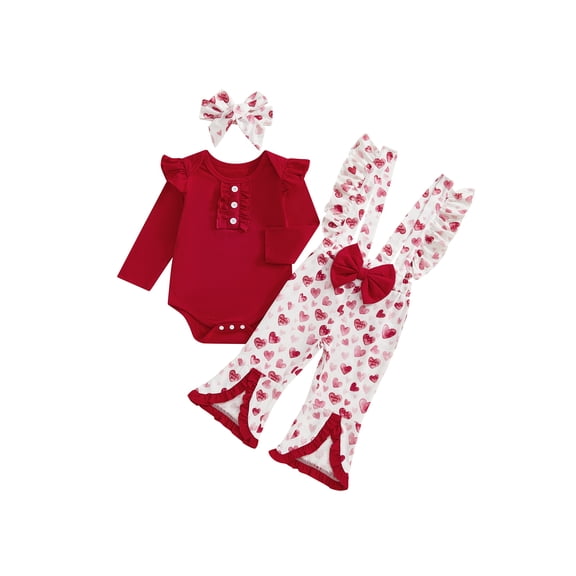 BemeyourBBs Infant Baby Girl Valentines Day Outfit Cute Newborn Spring Clothes Ruffled Long Sleeve Bodysuit Heart Print Overalls Flare Pants Set Headband