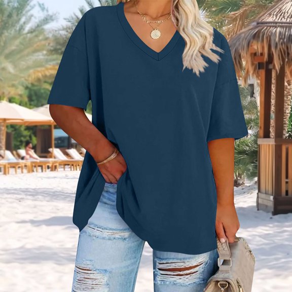 LEKWK Oversized T Shirts for Women V-Neck Short Sleeve Basic Tees Soft Cotton Summer Tops Plain Loose Fit Casual Daily outfits
