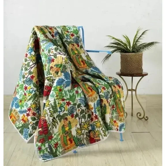 Reversible Bohemian Blanket Paisley Hand Quilted Coverlet Indian Handmade Beige Silk Kantha Quilts Bedding Hippie Throw Ralli