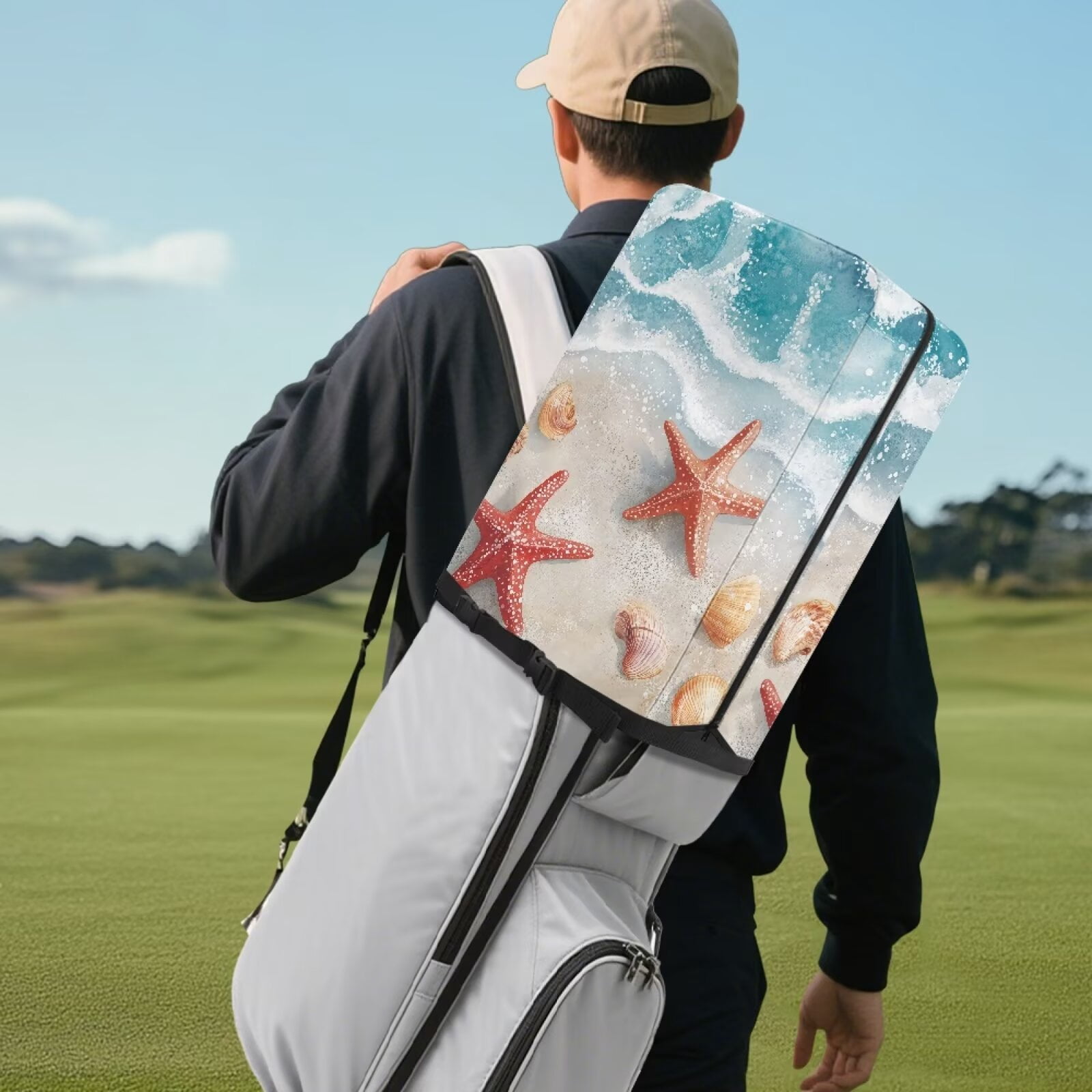Chririnla Beach Starfish Hood Golf Bag Cover Dust & Sun Protection for Clubs with Snap Button Fits Most Stand Bags, Cart Bags & Carry Bags