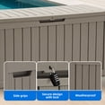 thumbnail image 3 of Dextrus 72 Gallon Weatherproof Resin Deck Box with Wheels, Mobile Lockable Outdoor Storage Bin, Durable Patio Organizer for Cushions, Garden Tools and Sports Equipment, Light Brown, 3 of 10