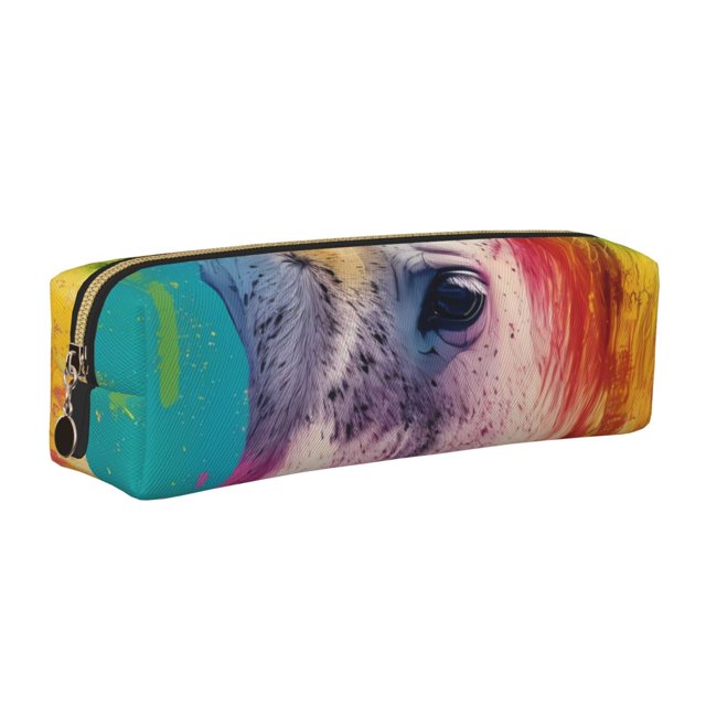 Fotbe Watercolor White Horse Estuche para Lápices de Cuero con Estampado, Estuche con Cremallera Resistente, Organizador Compacto y Elegante para Papelería