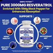 Simply Potent Resveratrol Antioxidant with Brain Support, Heart Health & Digestive Support 90 Capsules, 3000mg