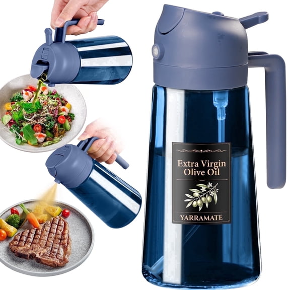 YARRAMATE 2-in-1 Olive Oil Sprayer & Dispenser with Stickers, 16oz Dark Blue Glass Oil Bottle for Cooking (Navy)