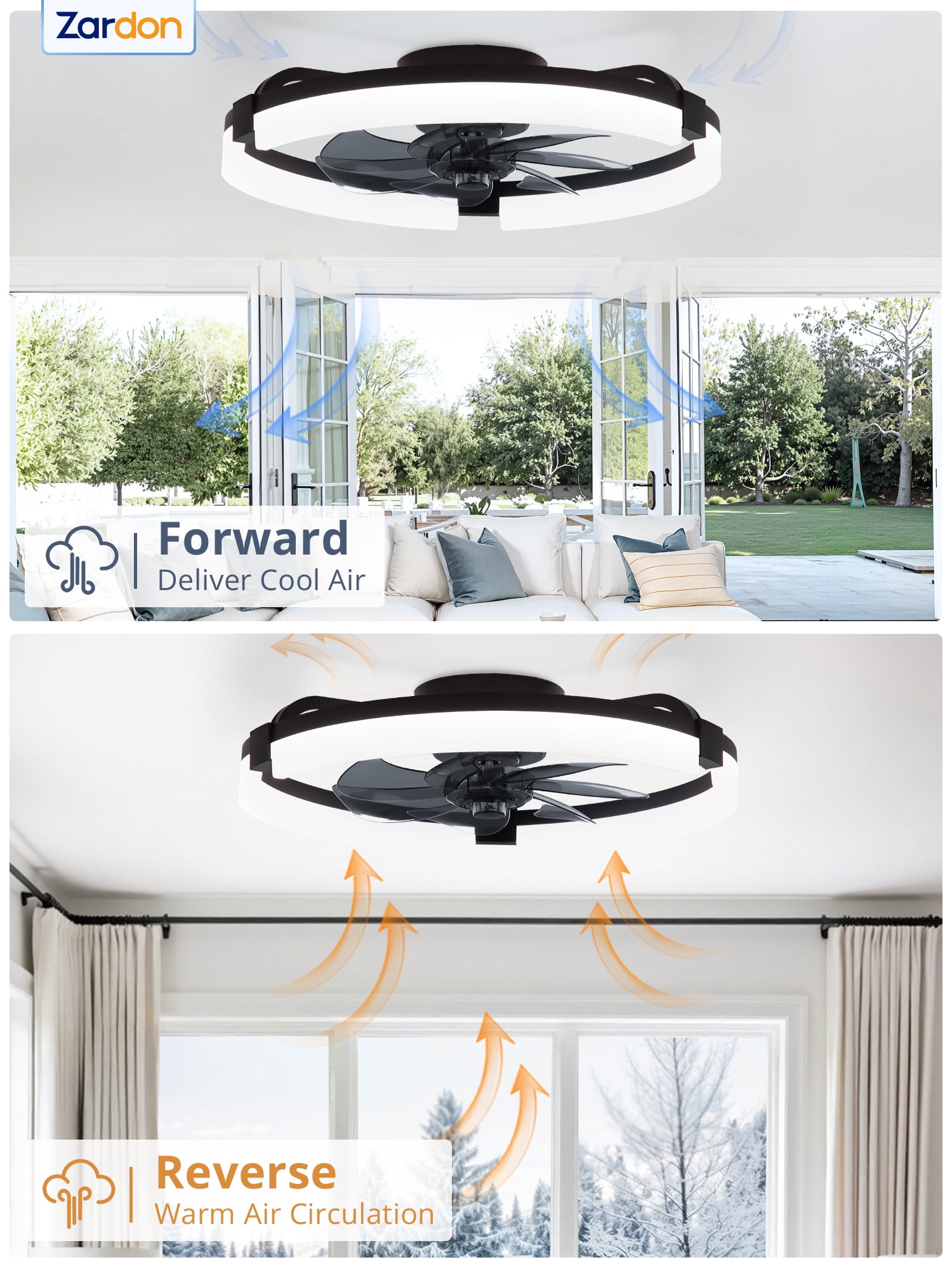 Zardon 20 inch Modern Ceiling Fan with Light and APP & Remote Control, Flush Mount Ceiling Fan, 6 Speeds, 3 Color Temperatures, Ultra Quiet DC Motor, for Bedroom, Living Room-Black