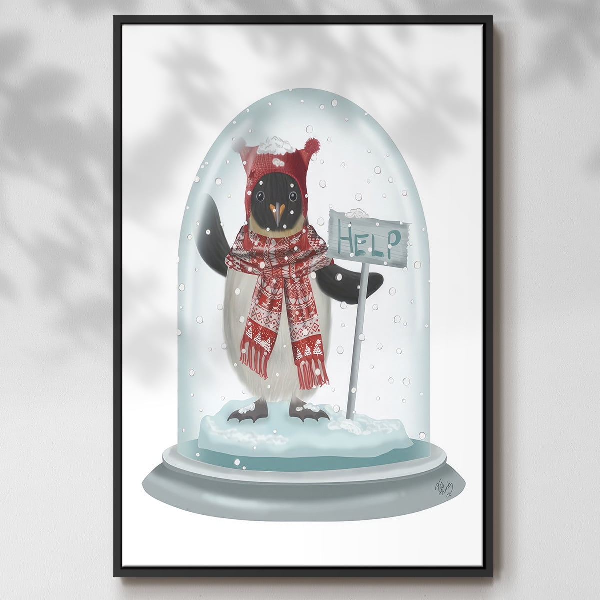 Christmas Penguin Snow Globe - Framed Gallery Wrapped Holiday Canvas - 17 x 25 - Black Frame
