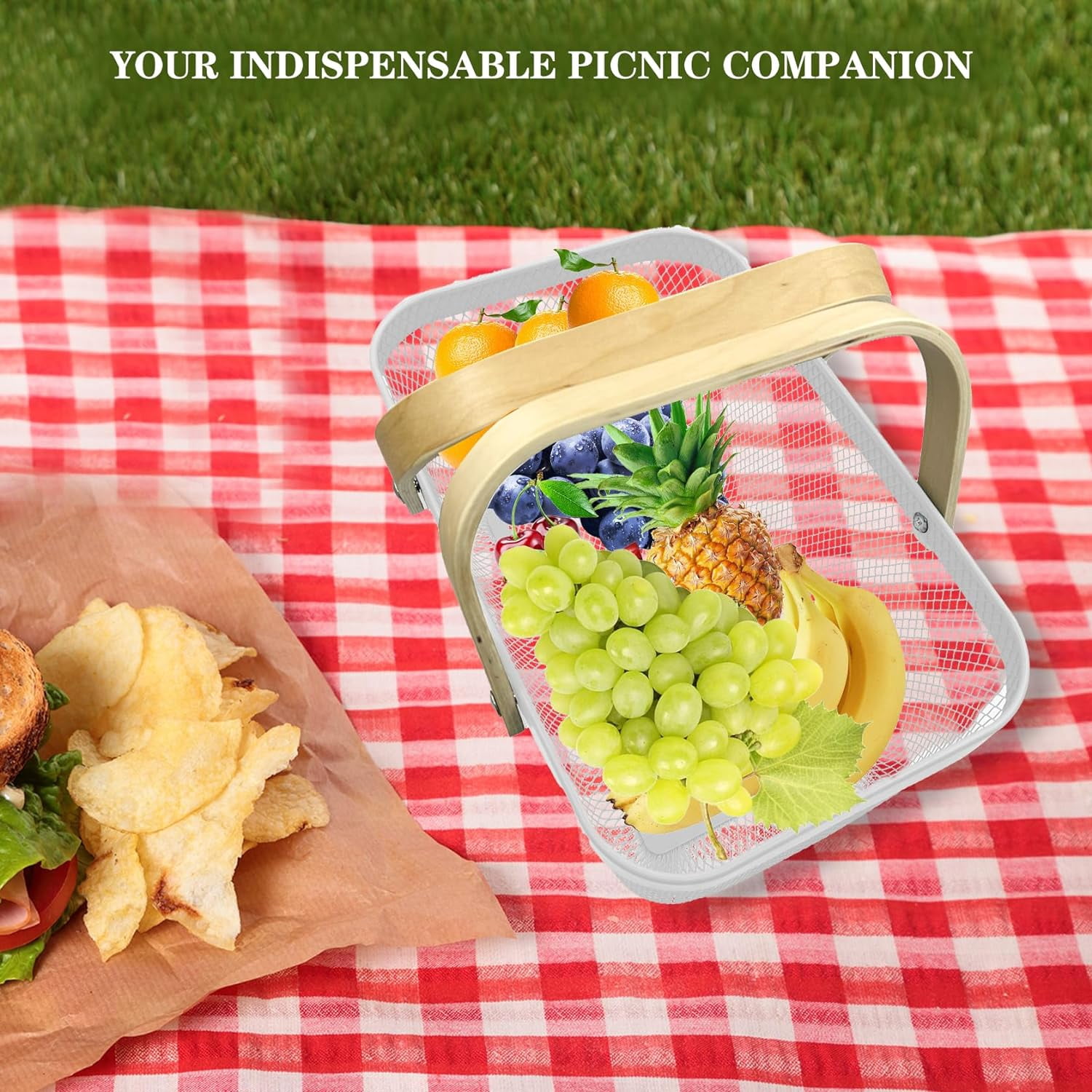 Picnic Harvest Basket Wire Metal Mesh Steel Garden Basket - Produce Storage Basket Multi-Functional Fruit Vegetable Egg Picking Baskets with Handles - Ideal for Kitchen, Bathroom