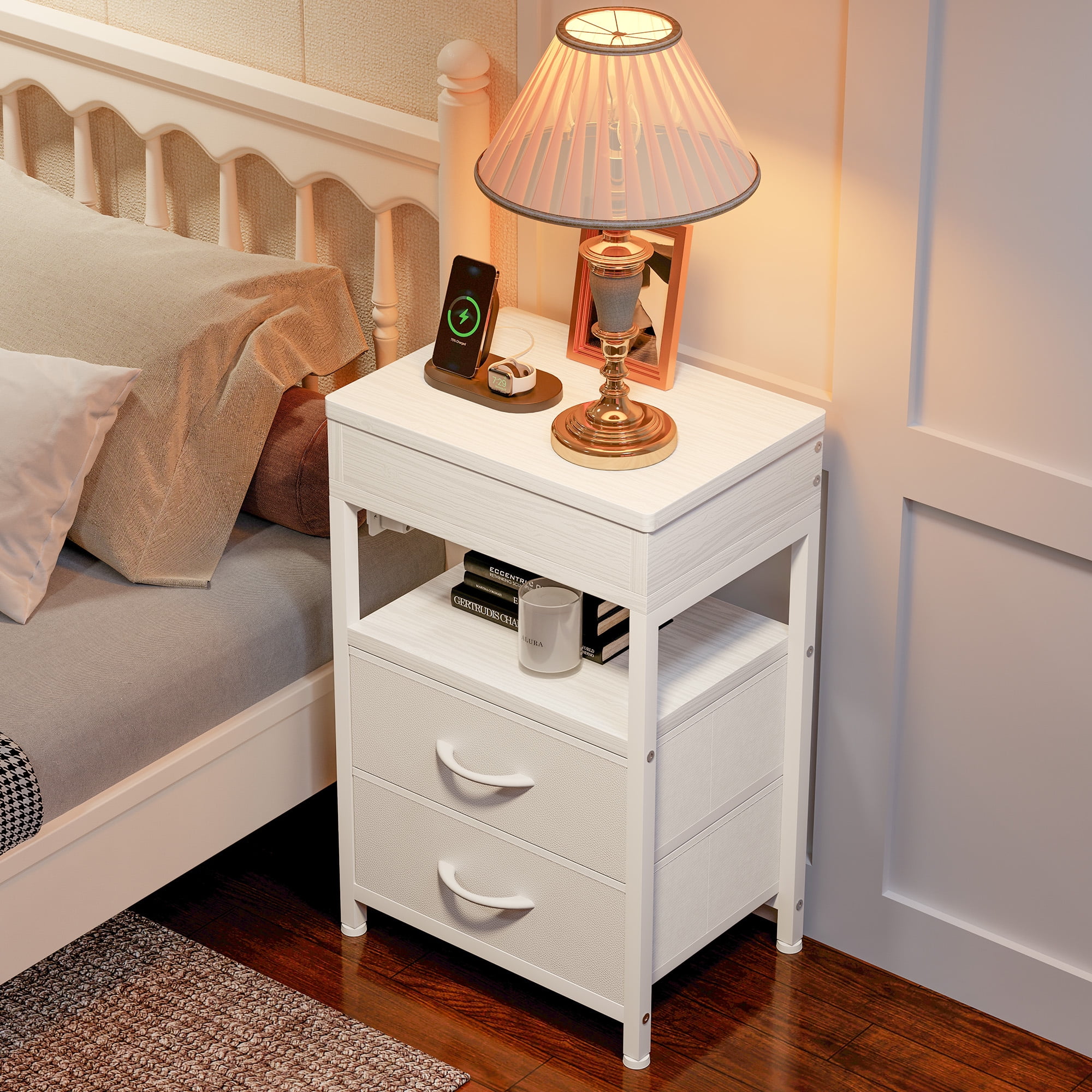 Bestco Nightstand with Sliding Top Modern End Table with Charging Station & 2 Drawers White