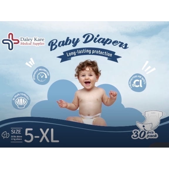 Daley Kare Medical Supplies Disposable Baby Diapers, Size 5 (26 lbs), 30 Count