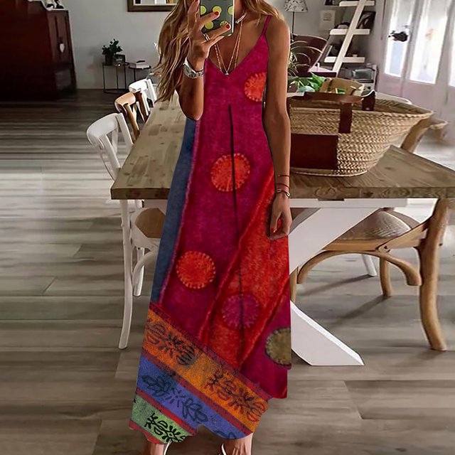 Puntoco Vestidos Mujer Verano Moda Mujer Casual Retro Estampado V-Cuello Camis Vestido Largo Sin Mangas