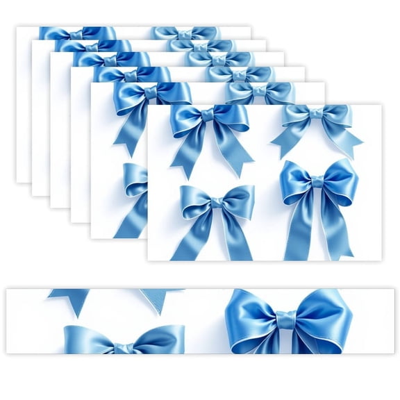 7 Piece Linen Table Runner and Placemats Set, Blue Satin Bows Round Corner Heat Resistant Washable Table Mats for Home Kitchen Dining Party Decoration