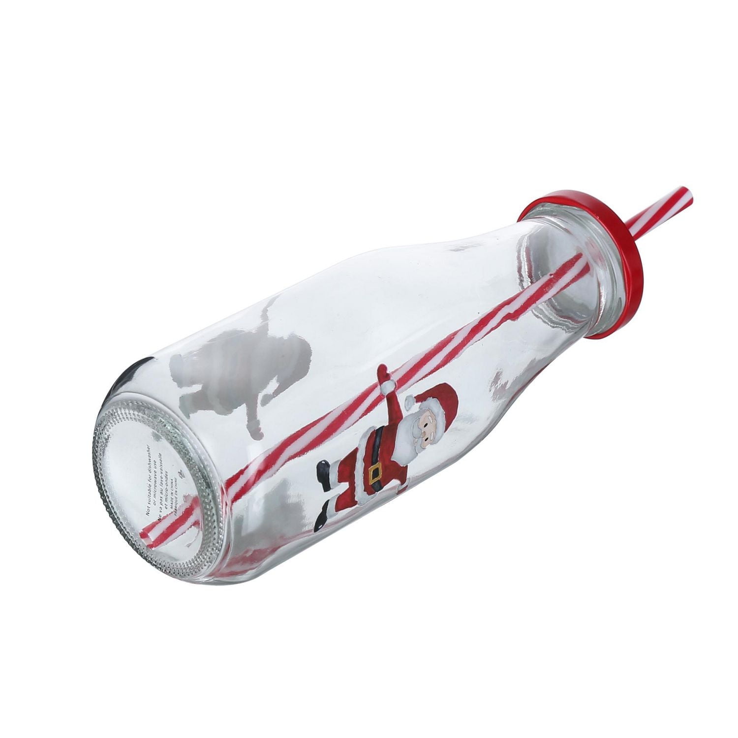 HOLIDAY TIME 14.88 oz Glass Bottle with red lid & straw<br>XMAS DESIGN PATTERN - SANTA