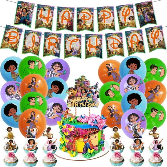 Encanto Theme Cartoon style Birthday Decoration Kits，Party Supplies for Kids，Including Banner, Balloons, Cake Toppers, Cupcake Toppers.