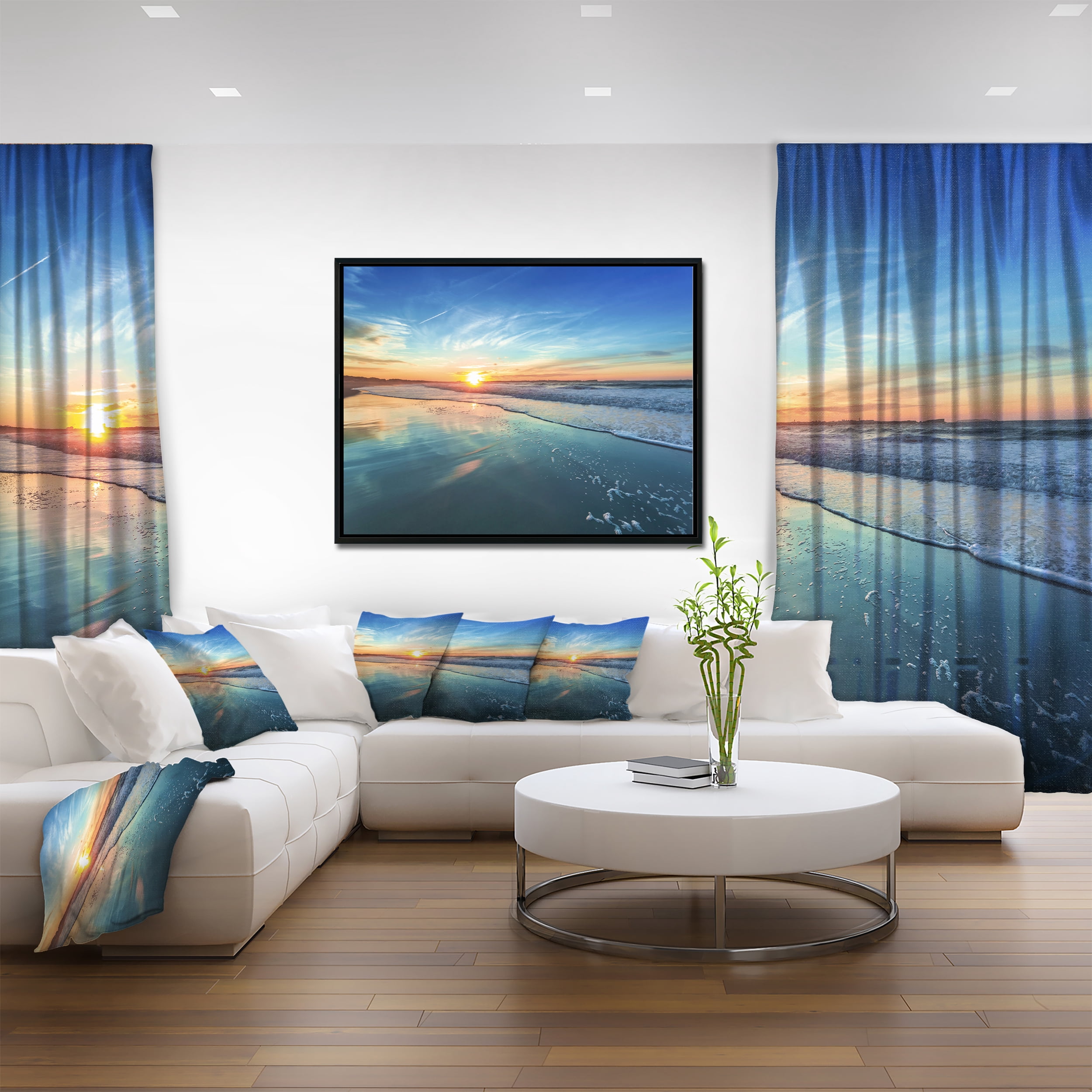 Designart ' Blue Seashore with Distant Sunset ' Seascape Framed Canvas Art Print