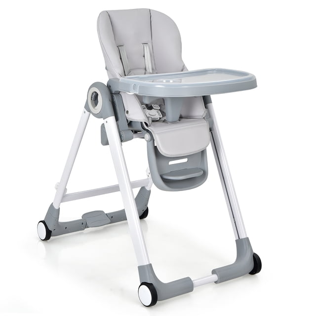 Costway Silla Plegable Con 4 Ruedas, Freno De Un Solo Paso, Bandejas Dobles Extraíbles, Cojín De PU Desmontable, Reposabrazos Abatibles, Altura Ajustable, Respaldo Y Reposapiés Para Bebés Y Niños