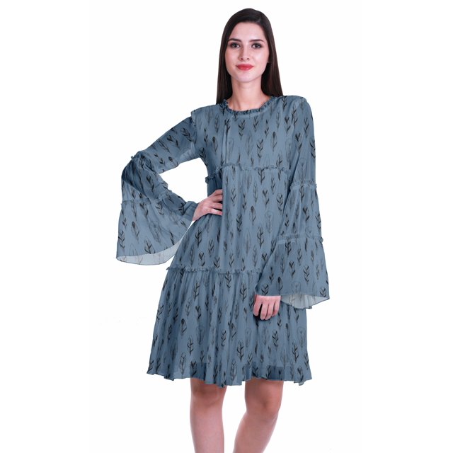 Moomaya Robe d'Été Fluide à Manches Longues Imprimée pour Femmes, Longueur Genou, Évasée