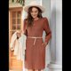 thumbnail image 4 of Vestido de Punto para Mujer con Mangas Abullonadas, Cuello Redondo, Informal, para Otoño e Invierno Rojo Ladrillo M, 4 of 6
