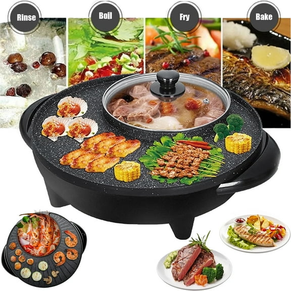 Electric Hot Pot and Grill Combo, 110V Hot Pot with Grill 2-in-1, Multifunctional Smokeless Korean Barbecue Grill, Capacity for 3-5 People, Suitable for Korean BBQ, Shabu and Soup